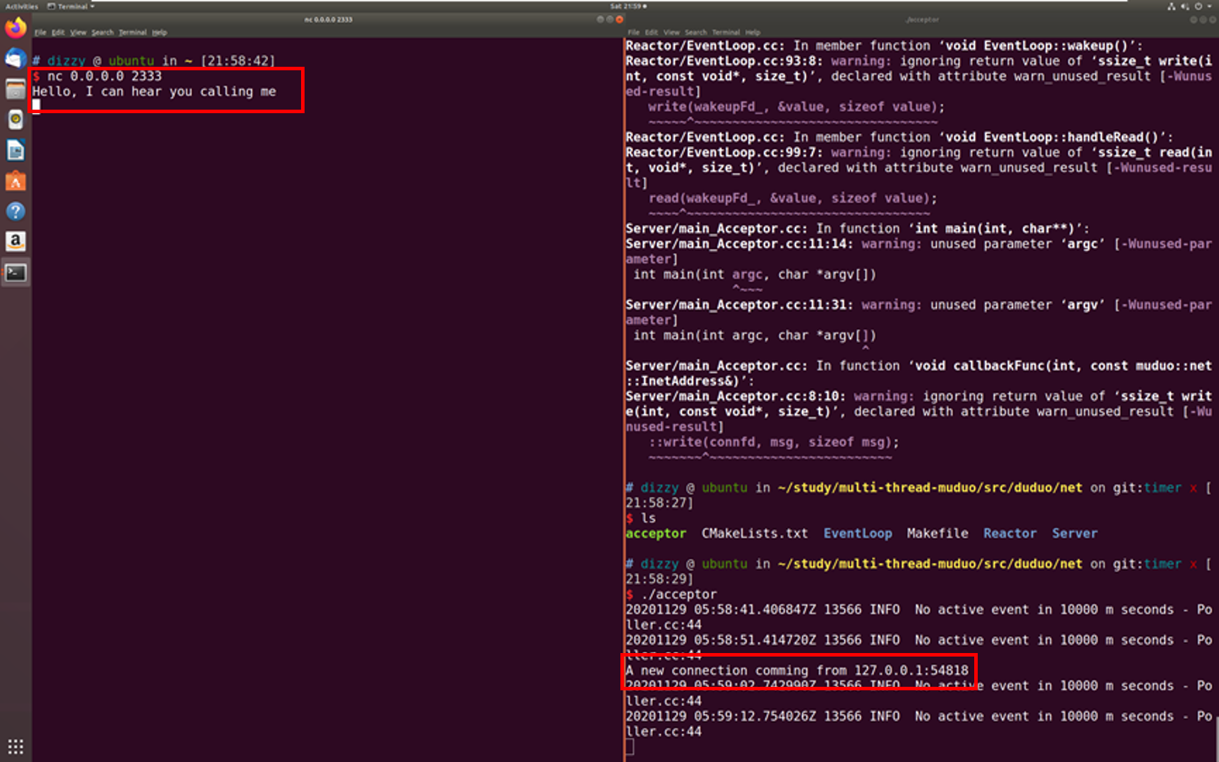 Acceptor运行结果（新建一个终端去监听本地的2333端口和3332端口）